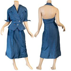 Vintage 1950s  Blue Shantung Silk Halter Midi Dress w/Matching Jacket * …